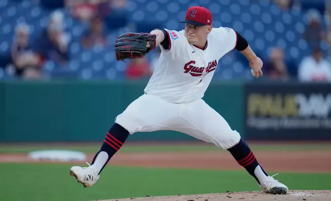 Cleveland Guardians' Parker Messick pitches in the first inning of a baseball game against the Baltimore Orioles in Cleveland, Thursday, April 16, 2026. (AP Photo/Sue Ogrocki)