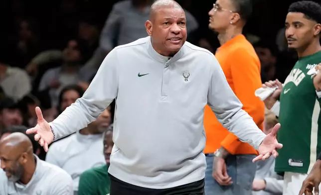 Milwaukee Bucks head coach Doc Rivers shouts at a referee during the second half of an NBA basketball game against Brooklyn Nets, Tuesday, April 7, 2026, in New York. (AP Photo/Yuki Iwamura)