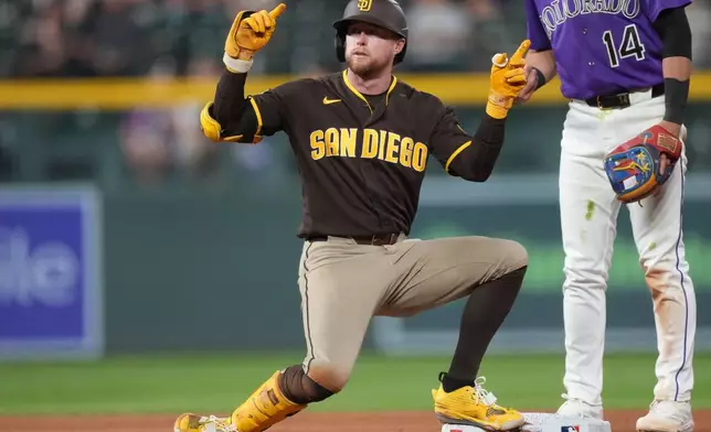 San Diego Padres' Jake Cronenworth gestures after reaching second base on a double off Colorado Rockies relief pitcher Chase Dollander in the sixth inning of a baseball game Tuesday, April 21, 2026, in Denver. (AP Photo/David Zalubowski)