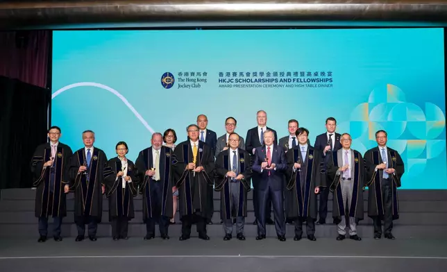 Club Chairman The Hon Martin Liao (front row, 5th right); Club Deputy Chairman Lester Huang (front row, 5th left); Club Stewards Nicolas Hunsworth (front row, 4th left), Dr Henry Chan (front row, 3rd right), Anita Fung(front row, 3rd left), Jackson Woo (front row,2nd right), Philip Lo (front row, 2nd left), Rimsky Yuen (front row, 1st right) and John Lo (1st left); Club Chief Executive Officer Winfried Engelbrecht-Bresges (front row, 4th right); Club Executive Director, Sports Business, Casper Stylsvig (back row, 1st right);Club Executive Director, Charities and Community, Dr Gabriel Leung (back row, 3rd left);Club Executive Director, People and Organisational Development, Dr Lake Wang (backrow, 2nd left); Club Executive Director, Security, Integrity and Information Security,Moray Taylor-Smith (back row, 3rd right); Club Executive Director, Legal andCompliance, James Bidlake (back row, 2nd right); and Club Chief Transformation Officer,Serena Lin (back row, 1st left) attended the dinner to witness and share the joy of the awardees.