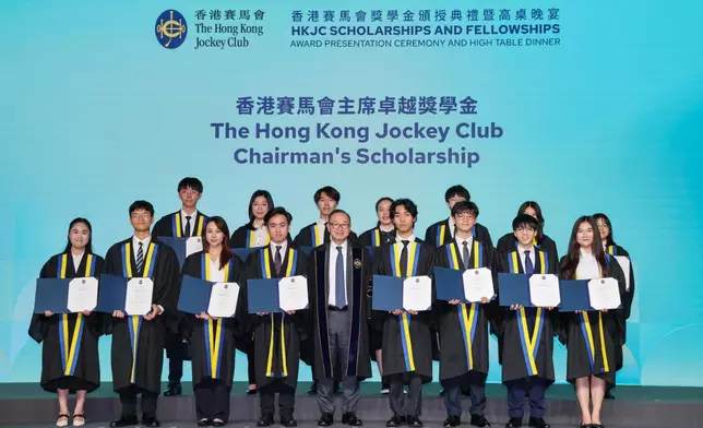 Club Chairman The Hon Martin Liao (front row, centre) with recipients of The Hong Kong Jockey Club Chairman’s Scholarship.