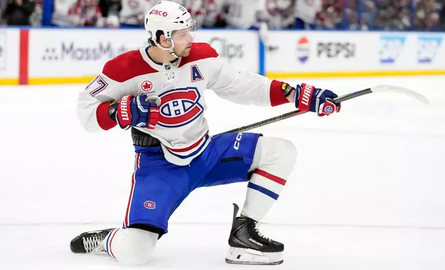 Montréal Canadiens right wing Josh Anderson (17) celebrates after scoring against the Tampa Bay Lightning during the first period in Game 1 of an NHL hockey Stanley Cup first-round playoff series, Sunday, April 19, 2026, in Tampa, Fla. (AP Photo/Chris O'Meara)