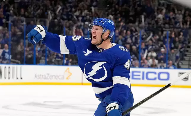 Tampa Bay Lightning defenseman Darren Raddysh (43) celebrates his goal against the Montréal Canadiens during the second period in Game 1 of an NHL hockey Stanley Cup first-round playoff series, Sunday, April 19, 2026, in Tampa, Fla. (AP Photo/Chris O'Meara)