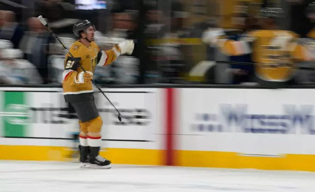 Vegas Golden Knights right wing Mark Stone (61) celebrates after scoring against the Utah Mammoth during the third period in Game 1 of a first-round NHL hockey Stanley Cup playoff series Sunday, April 19, 2026, in Las Vegas. (AP Photo/John Locher)