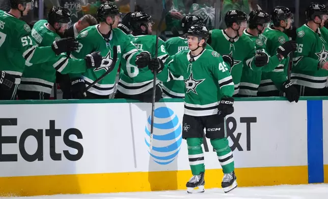 Dallas Stars center Justin Hryckowian skates by his bench after scoring a goal against the Calgary Flames during the second period of an NHL hockey game Tuesday, April 7, 2026, in Dallas. (AP Photo/Julio Cortez)