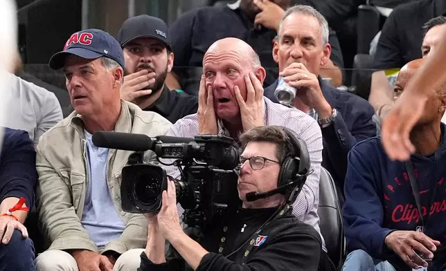 Los Angeles Clippers owner Steve Ballmer watches in the closing minutes of an NBA play-in tournament basketball game between the Clippers and the Golden State Warriors Wednesday, April 15, 2026, in Inglewood, Calif. (AP Photo/Mark J. Terrill)