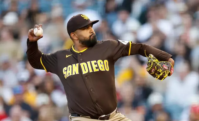 San Diego Padres starter German Marquez pitches during the first inning of a baseball game against the Los Angeles Angels, Saturday, April 18, 2026, in Anaheim, Calif. (AP Photo/Caroline Brehman)
