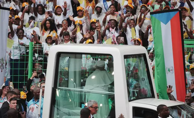 Pope Leo XIV arrives to celebrate the Holy mass at the Malabo stadium, in Malabo, Equatorial Guinea, Thursday, April 23, 2026, on the last day of his 11-day pastoral visit to Africa. (AP Photo/Andrew Medichini)