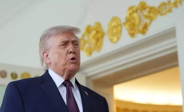 President Donald Trump speaks outside the Oval Office of the White House, Monday, April 13, 2026, in Washington. (AP Photo/Alex Brandon)