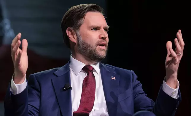 Vice President JD Vance speaks during a Turning Point USA event at Akins Ford Arena at the Classic Center in Athens, Ga., Tuesday, April 14, 2026. (Chip Somodevilla/Pool via AP)