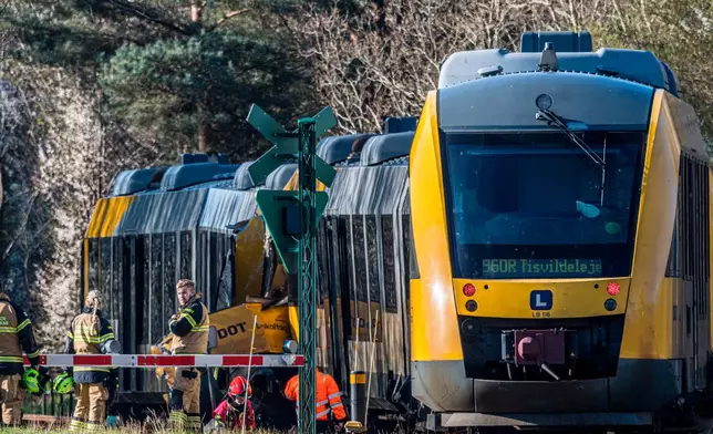 Rescuers at the site where two trains have collided between Hilleroed and Kagerup, north of Copenhagen, Thursday, April 23, 2026. (Steven Knap/Ritzau Scanpix via AP)