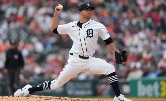 Detroit Tigers pitcher Jack Flaherty throws against the St. Louis Cardinals in the third inning of a baseball game Saturday, April 4, 2026, in Detroit. (AP Photo/Paul Sancya)