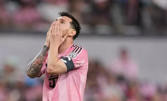 Inter Miami forward Lionel Messi (10) reacts during the first half of an MLS soccer match against Austin FC, Saturday, April 4, 2026, in Miami. (AP Photo/Rebecca Blackwell)