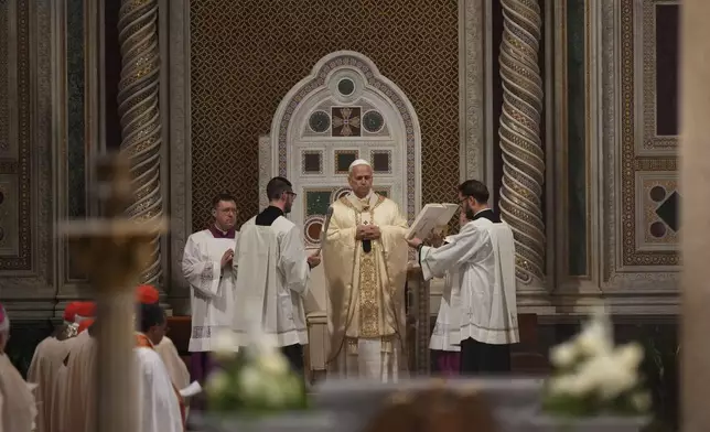 Pope Leo XIV presides over the Missa in Caena Domini, the Mass of the Lord's Supper, on Catholic Holy Thursday in St. John Lateran Basilica in Rome, Thursday, April 2, 2026. (AP Photo/Andrew Medichini)