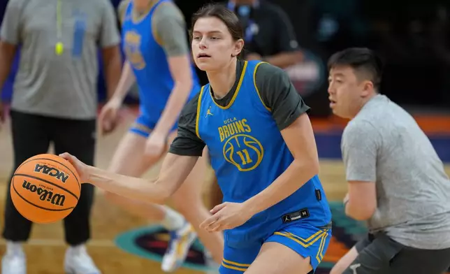UCLA guard Gabriela Jaquez dribbles the ball during practice prior to the national semifinals Women's Final Four of the NCAA college basketball tournament, Thursday, April 2, 2026, in Phoenix. (AP Photo/Ross D. Franklin)