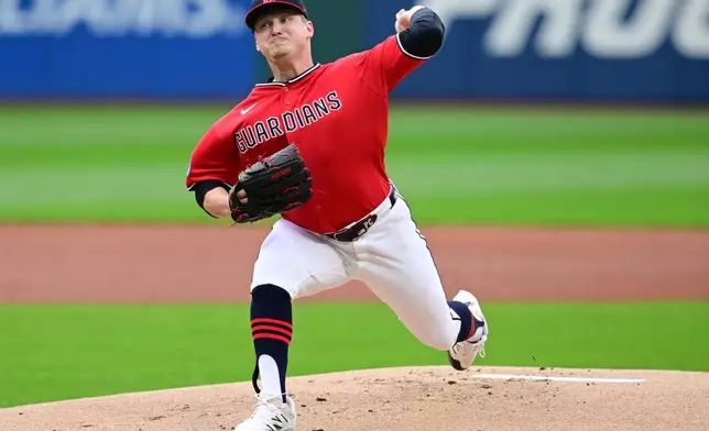 Cleveland Guardians starting pitcher Parker Messick delivers in the first inning in the second baseball game of a doubleheader against the Chicago Cubs, Sunday, April 5, 2026, in Cleveland. (AP Photo/David Dermer)