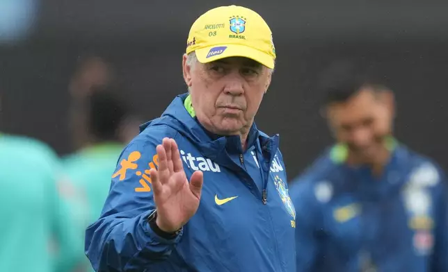 FILE - Brazil's coach Carlo Ancelotti gestures during a training session ahead of a friendly soccer match against South Korea in Goyang, South Korea, Tuesday, Oct. 7, 2025. (AP Photo/Lee Jin-man, File)