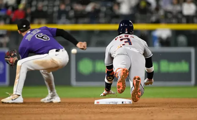 Houston Astros' Jeremy Peña, right, slides safely into second base on a double while Colorado Rockies second baseman Edouard Julien, left, collects a throw from the outfield in the seventh inning of a baseball game against the Houston Astros, Monday, April 6, 2026, in Denver. (AP Photo/Geneva Heffernan)