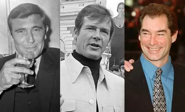 This combination of photos shows the actors who have portrayed James Bond, from left, Sean Connery, David Niven, George Lazenby, Roger Moore, Timothy Dalton, Pierce Brosnan, and Daniel Craig. (AP Photo)