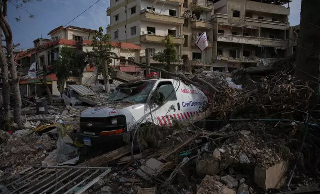 An ambulance belonging to Hezbollah's health unit lies amid the rubble of a medical center destroyed in an Israeli airstrike in Jibchit, southern Lebanon, Friday, April 17, 2026. (AP Photo/Hassan Ammar)