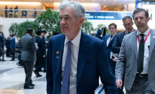Federal Reserve Board Chairman Jerome Powell leaves after the International Monetary and Financial Committee (IMFC) meeting during the World Bank/IMF spring meetings at the IMF headquarters in Washington, Friday, April 17, 2026. (AP Photo/Jose Luis Magana)