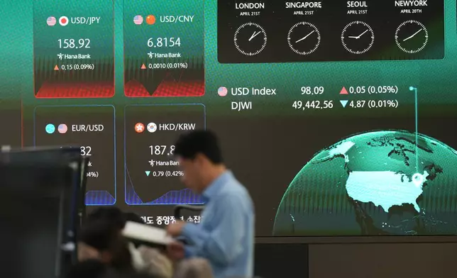 A dealer stands near the screens showing the foreign exchange rates at a dealing room of Hana Bank in Seoul, South Korea, Tuesday, April 21, 2026. (AP Photo/Lee Jin-man)