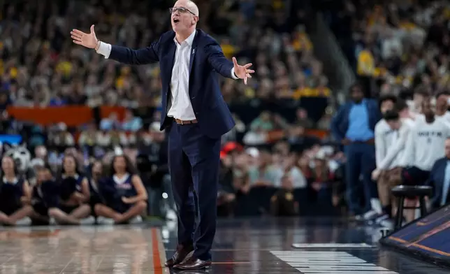 UConn head coach Dan Hurley reacts during the second half of the NCAA college basketball tournament national championship game against Michigan at the Final Four, Monday, April 6, 2026, in Indianapolis. (AP Photo/Abbie Parr)