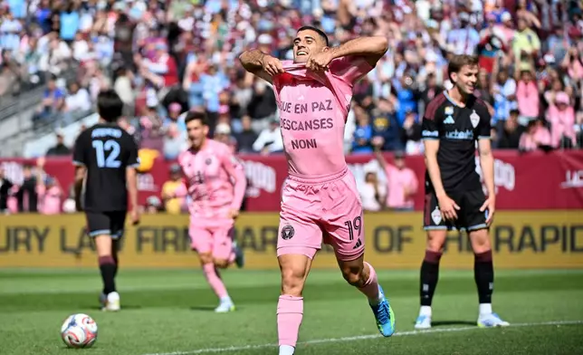 Inter Miami CF forward Germán Berterame celebrates after scoring a goal in the first half of an MLS soccer game against the Colorado Rapids Saturday, April 18, 2026, in Denver. (AP Photo/Geneva Heffernan)