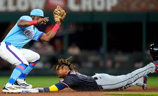 Cleveland Guardians' José Ramírez (11) steals second base from Atlanta Braves shortstop Jorge Mateo (2) in the sixth inning of a baseball game, Saturday, April 11, 2026, in Atlanta. (AP Photo/Mike Stewart)