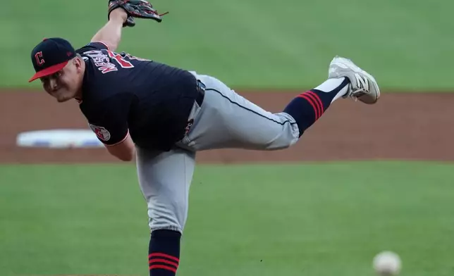 Cleveland Guardians pitcher Parker Messick (77) delivers in the first inning of a baseball game against the Atlanta Braves, Saturday, April 11, 2026, in Atlanta. (AP Photo/Mike Stewart)
