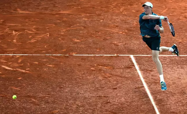 Jannik Sinner of Italy returns the ball to Rafael Jodar of Spain during the Madrid Open tennis tournament in Madrid, Wednesday, April 29, 2026. (AP Photo/Pablo Garcia)