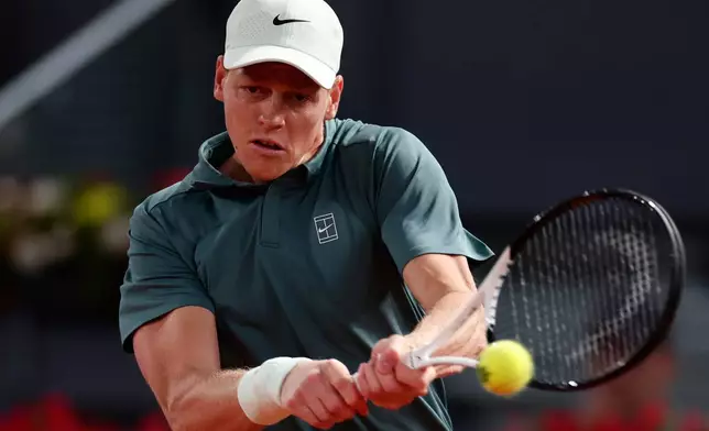 Jannik Sinner of Italy returns the ball to Rafael Jodar of Spain during the Madrid Open tennis tournament in Madrid, Wednesday, April 29, 2026. (AP Photo/Pablo Garcia)