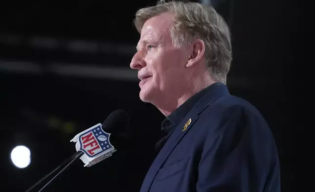 NFL Commissioner Roger Goodell announces Indiana quarterback Fernando Mendoza as the first overall pick by the Las Vegas Raiders during the first round of the NFL football draft, Thursday, April 23, 2026, in Pittsburgh. (AP Photo/Gene J. Puskar)