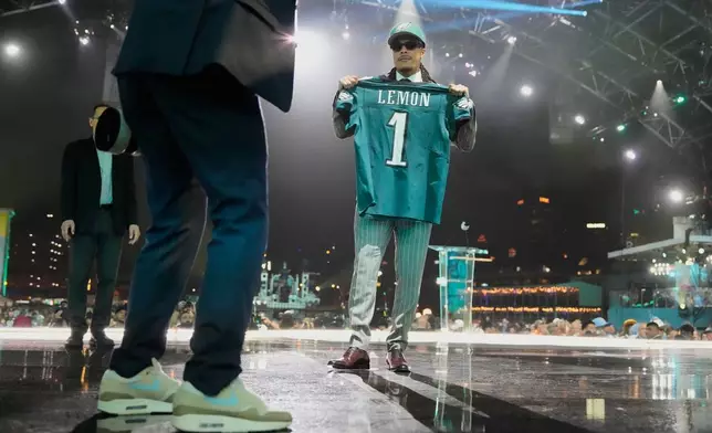 Southern California wide receiver Makai Lemon poses for a photo after being chosen by the Philadelphia Eagles with the 20th overall pick during the first round of the NFL football draft, Thursday, April 23, 2026, in Pittsburgh. (AP Photo/Jeff Roberson)