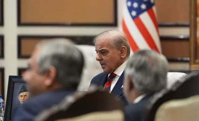 Pakistan's Prime Minister Shehbaz Sharif, meets with U.S. Vice President JD Vance, not pictured, about Iran, Saturday, April 11, 2026, in Islamabad. (AP Photo/Jacquelyn Martin, Pool)