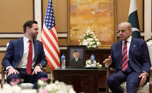 U.S. Vice President JD Vance meets with Pakistan's Prime Minister Shehbaz Sharif, Saturday, April 11, 2026, in Islamabad, for talks about Iran. (AP Photo/Jacquelyn Martin, Pool)