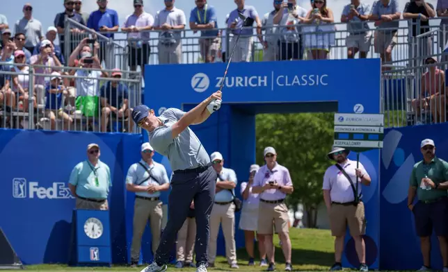Matt Fitzpatrick, of England, tees off on the first hole during the first round of the PGA Zurich Classic golf tournament, Thursday, April 23, 2026, in Avondale, La. (AP Photo/Matthew Hinton)