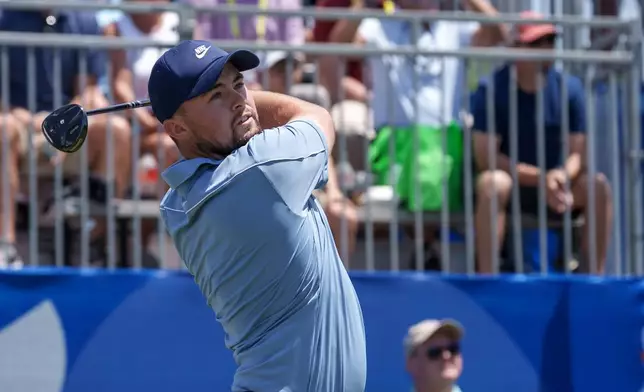 Alex Fitzpatrick, of England, tees off on the first hole during the first round of the PGA Zurich Classic golf tournament, Thursday, April 23, 2026, in Avondale, La. (AP Photo/Matthew Hinton)