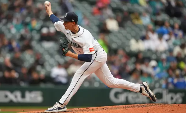 Seattle Mariners starting pitcher George Kirby throws against the Houston Astros during the seventh inning of a baseball game, Monday, April 13, 2026, in Seattle. (AP Photo/Lindsey Wasson)