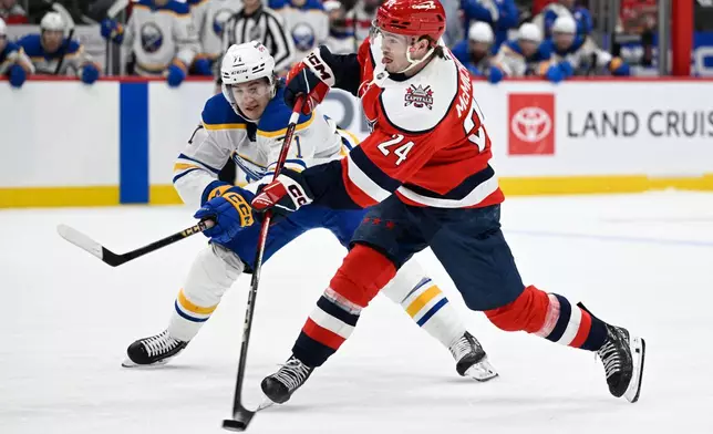 Washington Capitals left wing Connor McMichael (24) shoots the puck past Buffalo Sabres center Ryan McLeod during the first period of an NHL Hockey game, Saturday, April 4, 2026, in Washington. (AP Photo/John McDonnell)