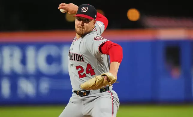 Washington Nationals' Cade Cavalli (24) pitches during the second inning of a baseball game against the New York Mets Wednesday, April 29, 2026, in New York. (AP Photo/Frank Franklin II)