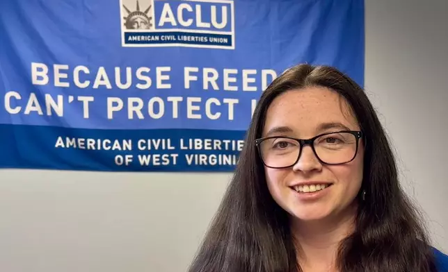West Virginia American Civil Liberties Union legal director Aubrey Sparks speaks Tuesday, April 14, 2026, at her office in Charleston, W.Va. (AP Photo/John Raby)