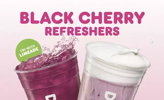 Dunkin’ Black Cherry Refreshers, a sweet and tart iced beverage made with fruit flavors and customizable with green tea, lemonade or sparkling water.