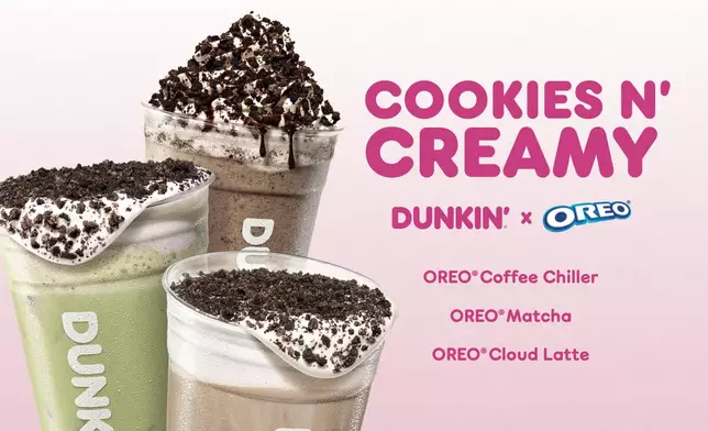 Dunkin’ OREO® beverage lineup, including iced espresso, matcha and frozen drinks topped with marshmallow cold foam and OREO® cookie crumbles.