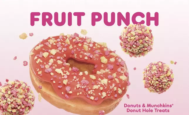 Dunkin’ Fruit Punch Donut and MUNCHKINS® Donut Hole Treats, featuring a fruit punch-inspired glaze and fruit punch sprinkle blend.