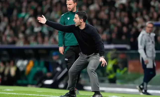 Arsenal's manager Mikel Arteta gestures during the Champions League quarterfinals, first leg, soccer match between Sporting CP and Arsenal, in Lisbon, Tuesday, April 7, 2026. (AP Photo/Armando Franca)