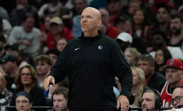 Dallas Mavericks Head Coach Jason Kidd reacts during the first half of an NBA basketball game against the Portland Trail Blazers, Friday, March 27, 2026, in Portland, Ore. (AP Photo/Jenny Kane)