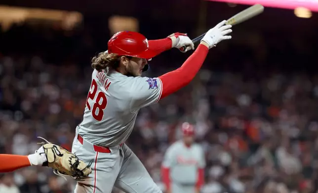 Philadelphia Phillies' Alec Bohm (28) watches his RBI double against the San Francisco Giants during the seventh inning of a baseball game in San Francisco, Monday, April 6, 2026. (AP Photo/Jed Jacobsohn)