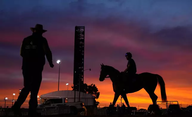 A horse is ridden to the track for a workout at Churchill Downs Monday, April 27, 2026, in Louisville, Ky. (AP Photo/Charlie Riedel)