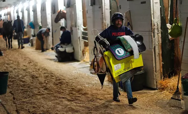 An exercise rider puts up tack after riding Kentucky Derby alternate Corona de Oro in a workout at Churchill Downs Monday, April 27, 2026, in Louisville, Ky. (AP Photo/Charlie Riedel)